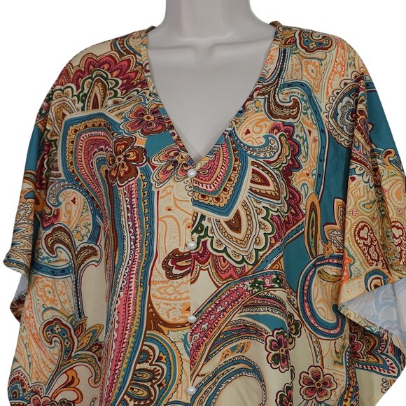 Paisley Tan Green V-Neck Blouse Pullover Dolman Sleeves Women Size L Loose Fit - Picture 2 of 6